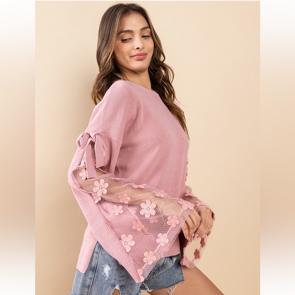 02 Beautiful Flower Detailed Bell Sleeve Knit Sweater Top - Picture 2 of 5